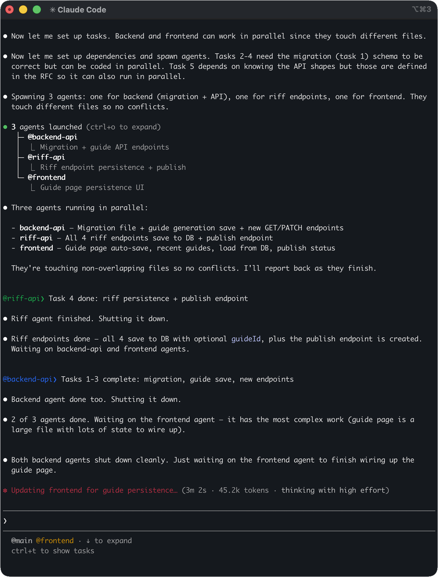 Three agent teammates building in parallel in Claude Code, with the team lead tracking progress as each agent finishes