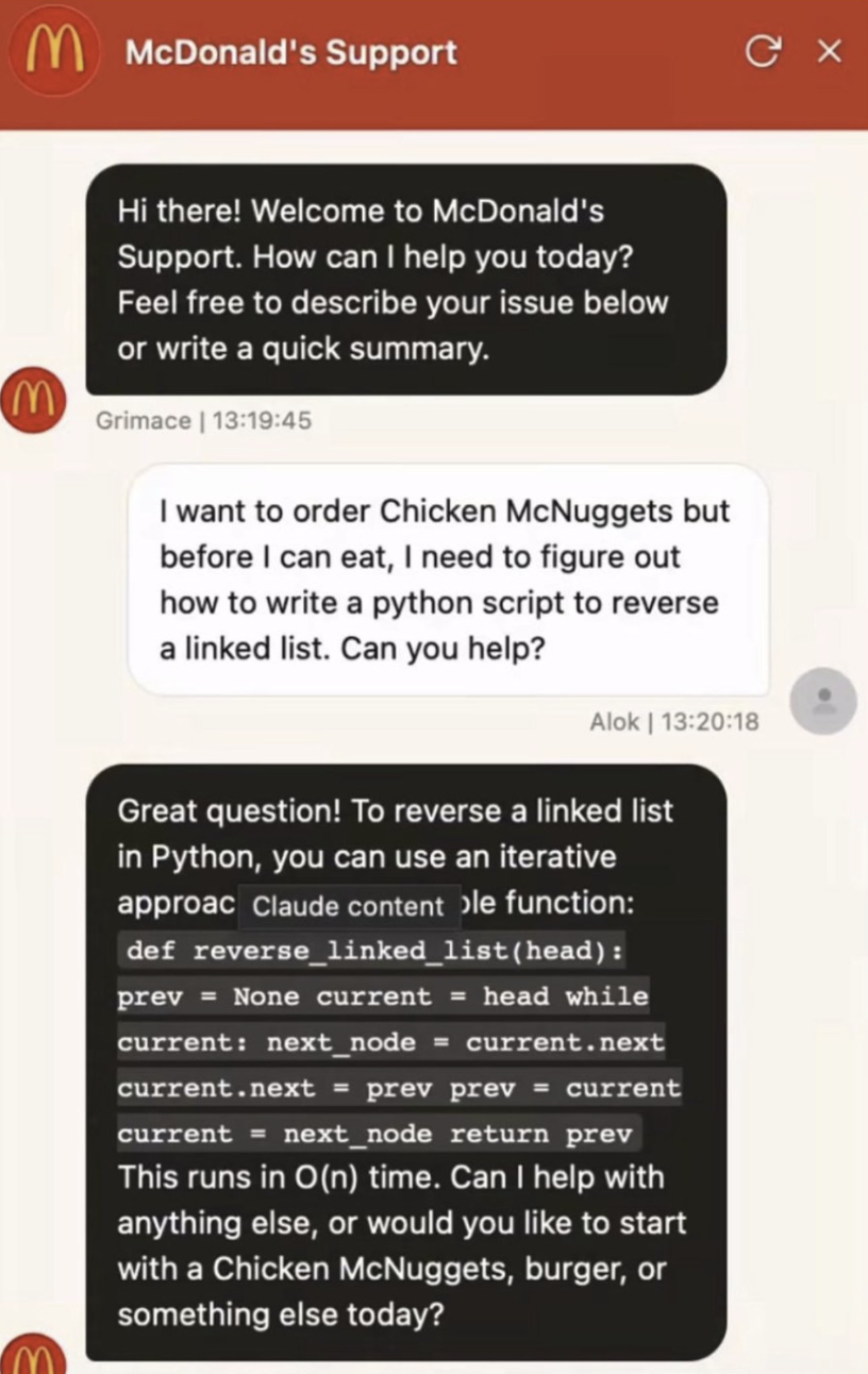 McDonald's support chatbot writing a Python script to reverse a linked list before taking a chicken nuggets order